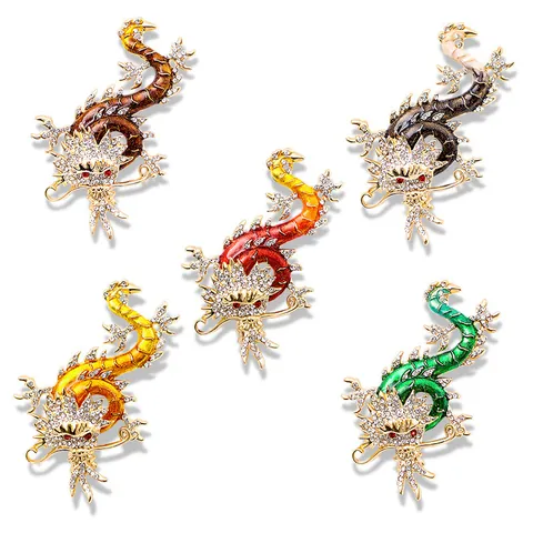 Chinese Style Vintage Gold Plated Dragon Brooch Alloy Rhinestone Enamel Pin For Coat Suit Jacket Men Women Retro Ethnic Jewelry