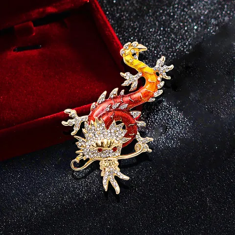 Chinese Style Vintage Gold Plated Dragon Brooch Alloy Rhinestone Enamel Pin For Coat Suit Jacket Men Women Retro Ethnic Jewelry