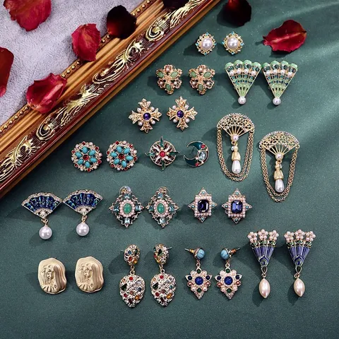 Barok Vintage Paleis Strass Kunstmatige Parel Hanger Oorbellen Voor Vrouwen Vergulde Legering Geometrische Kruis Emaille Sieraden