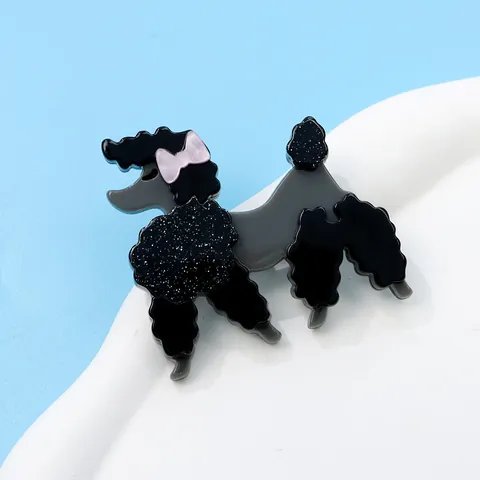 Fashion Acrylic Acetate Poodle Brooch For Women Cute Black Dog Animal Pin With Bow Glitter Decoration Clothes Accessory