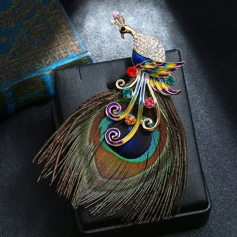 Vintage Luxe Pauw Veer Brosje Zinklegering Strass Elegante Dierlijke Speld Emaille Brosje Voor Vrouwen Bruiloft Banket Sieraden