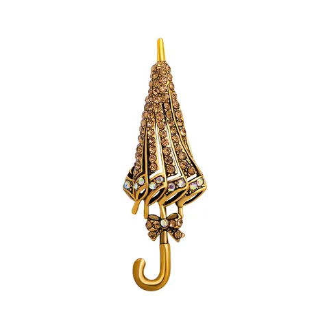 Vintage Umbrella Shape Rhinestone Brooch Creative Alloy Crystal Lapel Pin With Bowknot For Suit Coat Women Jewelry