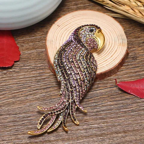 Vintage Alloy Colorful Rhinestone Parrot Brooch Pin Animal Shape Retro Costume Jewelry Accessory For Women Men Suit Coat