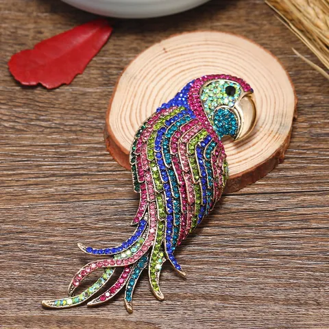 Vintage Alloy Colorful Rhinestone Parrot Brooch Pin Animal Shape Retro Costume Jewelry Accessory For Women Men Suit Coat