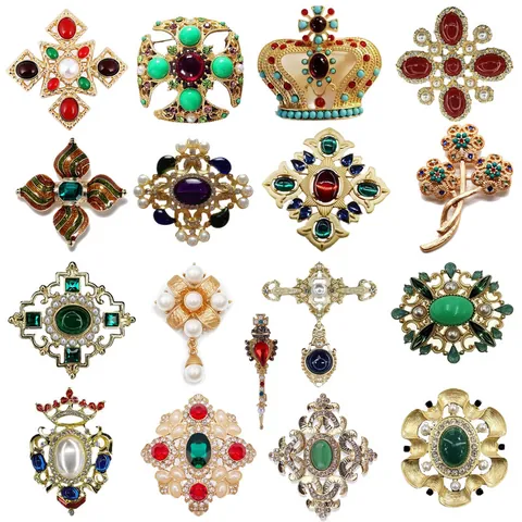 Baroque Vintage Alloy Rhinestone Artificial Pearl Brooches For Women Men Gold Multi-color Geometric Floral Cross Pin Jewelry