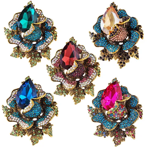 Luxury Vintage Alloy Rhinestone Flower Brooch For Women Crystal Rose Pin For Wedding Banquet Coat Suit Decorative Accessory