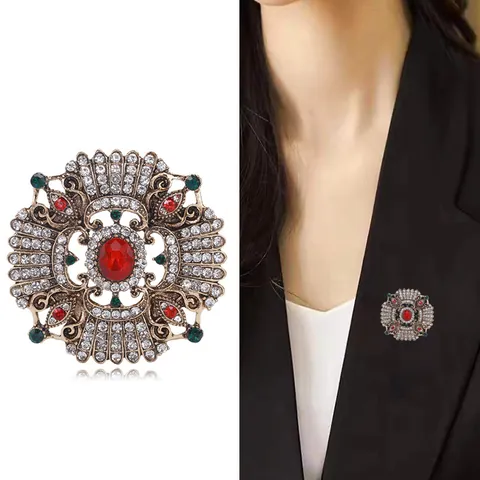 Vintage Court Style Geometric Brooch Zinc Alloy Rhinestone Baroque Pin Antique Gold Red Gemstone Jewelry For Suit Banquet