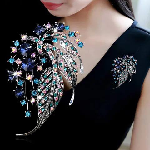 Vintage Große Wassertropfen Regenbogen Kristall Mond Brosche Elegante Zinklegierung Strass Blatt Brosche Anstecknadel Für Damen