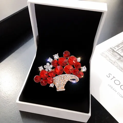 Korean Style Crystal Flower Basket Brooch Alloy Rhinestone Inlaid Corsage Pin For Women Fashion Suit Accessories Jewelry