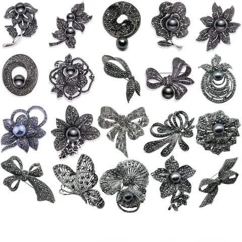 Vintage Legierung Schwarz Künstliche Perle Strass Brosche Pin für Damen Retro Schleife Blume Schmetterling Kleidung Zubehör