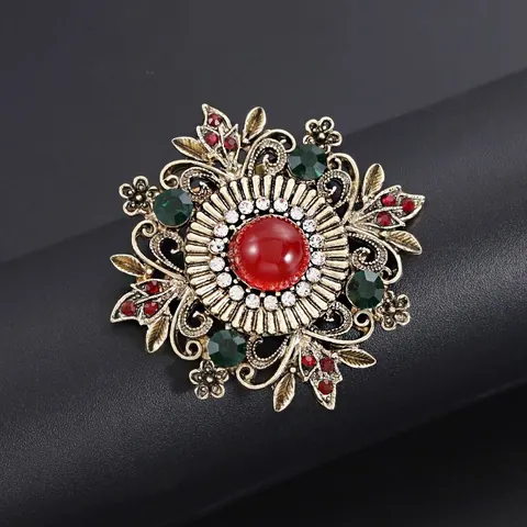 Retro Paleis Legering Broche Rode Edelsteen Strass Bloem Corsage Dames Retro Royal Stijl Kleding Speld Sieraden Accessoires