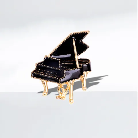 Vintage Enamel Grand Piano Brooch Gold Plated Alloy Musical Instrument Breastpin For Suit Coat Dress Accessories Women Jewelry