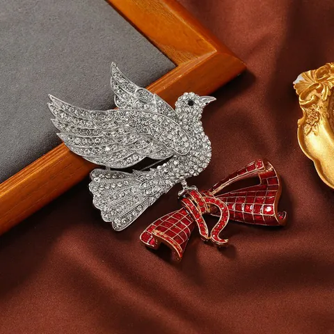 Spilla Uccello Grande Vintage per Donna in Lega con Strass Fiocco Rosso Animale Pin Alta Qualità Matrimonio Festa Vestito Accessorio Gioielli Regalo