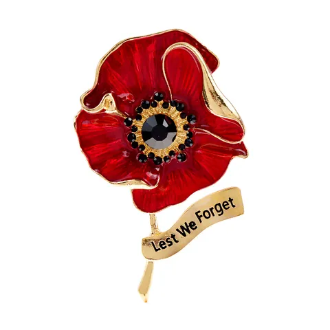 Broche de Flor de Amapola Roja Vintage Tono Dorado Esmalte Diamantes de Imitación Accesorio Con Texto Lest We Forget Joyería Regalo