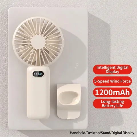 Portable Handheld Mini Fan USB Rechargeable 5 Speeds LED Digital Display Personal Cooling Fan With Desktop Base For Travel