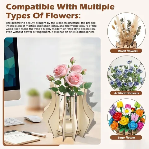 Modern Minimalist Geometric Wooden Vase Boxwood Hollow Out Flower Arrangement Ornament For Desktop Home Office Decor
