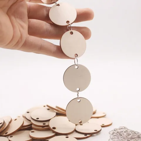 50Pcs Unfinished Wood Chips Keychain Accessories Double Hole Round Heart Wood Circles With 50Pcs Iron Rings For DIY Crafting