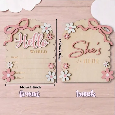 Wooden Newborn Baby Birth Announcement Board Hello World She Is Here Milestone Plaque For Nursery Photo Prop Decor