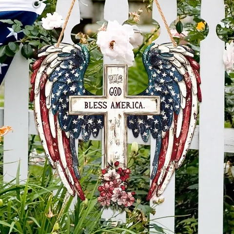 Ξύλινο Διακοσμητικό Τοίχου Σταυρός God Bless America Πατριωτική Πινακίδα Με Φτερά Σημαία ΗΠΑ Για Σπίτι Κήπο Εξωτερικό