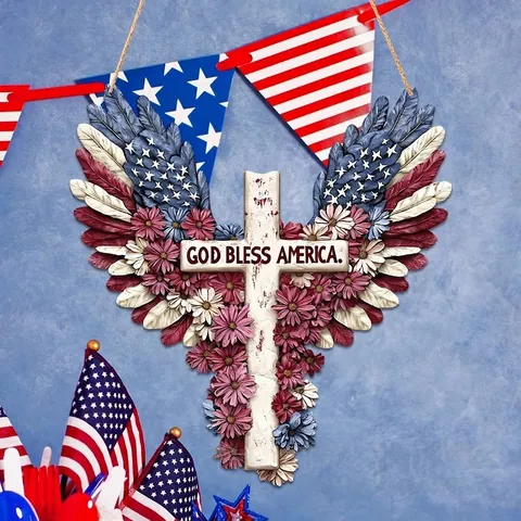 Ξύλινο Διακοσμητικό Τοίχου Σταυρός God Bless America Πατριωτική Πινακίδα Με Φτερά Σημαία ΗΠΑ Για Σπίτι Κήπο Εξωτερικό