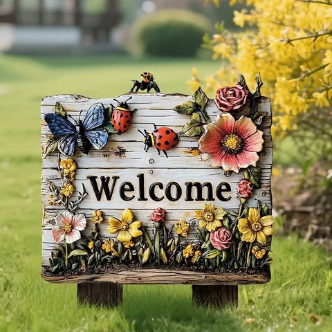 Outdoor Garden Stake Welcome Sign Printed Wooden Flower Ornament With Bee Ladybug Relief Patio Lawn Decor Decorative Craft