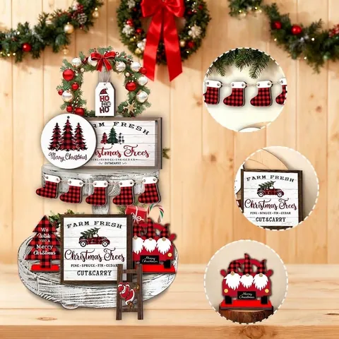 Christmas Wooden Tiered Tray Decor Set Farmhouse Pine Wood Santa Gnome Plaid Truck Ornaments For Home Table Holiday Party Decorations