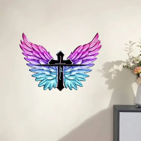 Wooden Cross Wings Wall Art Decor Faith Letter Printed Purple Blue Gradient Hanging Ornament For Home Garden Indoor Outdoor Wall Decor