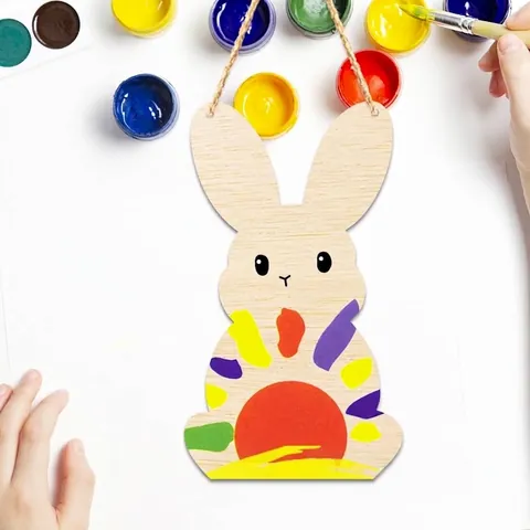 Unfinished Wood Rabbit Hanging Ornament Blank Wooden Bunny Cutouts For DIY Crafts Easter Home Decoration With Jute Rope