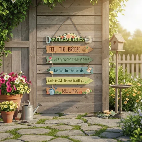 Rustic Boxwood Garden Rules Hanging Sign Outdoor Yard Wall Art Decor With 6 Painted Wood Boards And Rope For Porch Decoration