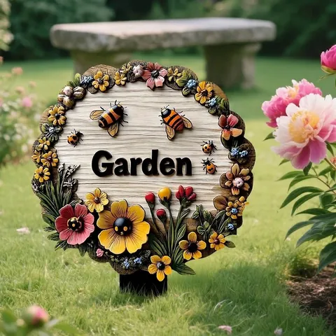 Outdoor Garden Stake Welcome Sign Printed Wooden Flower Ornament With Bee Ladybug Relief Patio Lawn Decor Decorative Craft