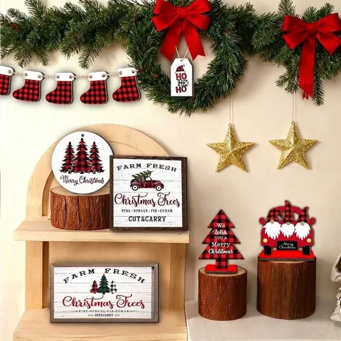 Christmas Wooden Tiered Tray Decor Set Farmhouse Pine Wood Santa Gnome Plaid Truck Ornaments For Home Table Holiday Party Decorations