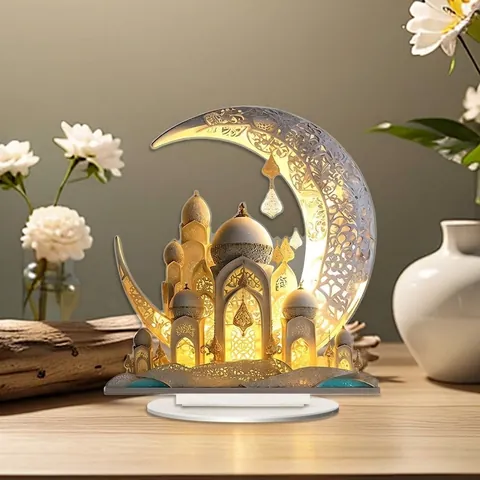 Ornamento Ramadan Eid in Acrilico Decorazione da Scrivania Motivo Luna Moschea Oro Festival Religioso Decorazione per Casa Ufficio