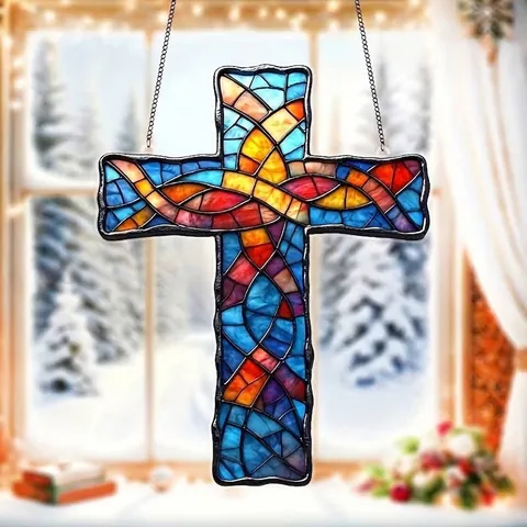 Sagrado Pintado Estilo Vitral Madera Cruz Adorno Colgante Jardín Boda Decoración Arte Pared Artesanía Cruz Con Cadena Metal