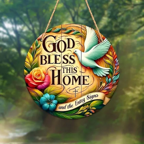 Round Wood Wall Decor Plaque God Bless This Home Printed Floral Pigeon Sign With Hemp Rope For Living Room Bedroom Decor
