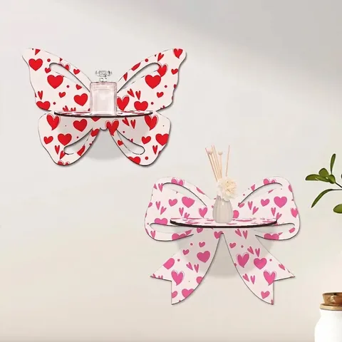 Wooden Butterfly Bowknot Wall Mounted Hanging Shelf Leopard Heart Printed Decoration Storage Display Rack For Home Room