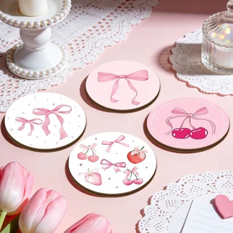 Pink Pine Wood Coasters Set Heat Resistant Round Decorative Drink Mats With Bowknot Cherry Strawberry Pattern For Table Home Decor