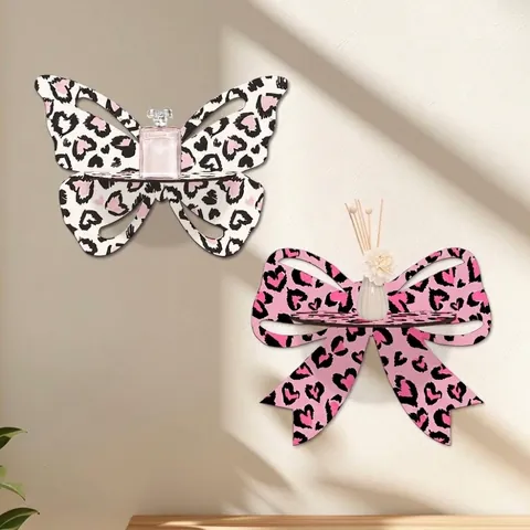 Wooden Butterfly Bowknot Wall Mounted Hanging Shelf Leopard Heart Printed Decoration Storage Display Rack For Home Room