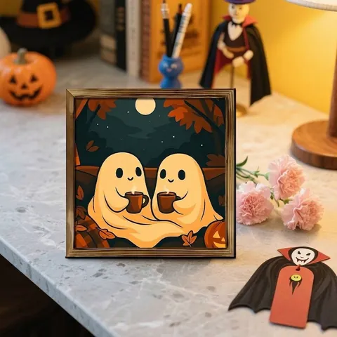 Halloween Φάντασμα Ξύλινο Πλαίσιο Διακοσμητικός Πίνακας Τοίχου Τυπωμένο Φάντασμα Κολοκύθα Φθινοπωρινό Δάσος Διακόσμηση για Σπίτι Πάρτι