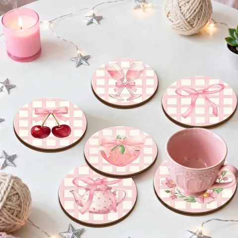 Pink Pine Wood Coasters Set Heat Resistant Round Decorative Drink Mats With Bowknot Cherry Strawberry Pattern For Table Home Decor