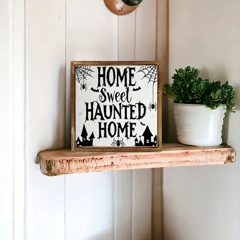 Halloween Witch Black Cat Home Sweet Haunted Home Wooden Framed Wall Art Decor Square Vintage Painting for Kitchen Room