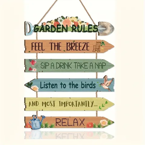 Rustic Boxwood Garden Rules Hanging Sign Outdoor Yard Wall Art Decor With 6 Painted Wood Boards And Rope For Porch Decoration