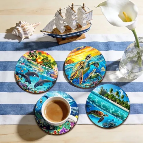 Posavasos Redondo de Madera con Tema del Océano Tortuga Marina Delfín Patrón de Paisaje de Playa Tropical Tapete para Tazas Decoración de Mesa de Comedor de Cocina para el Hogar