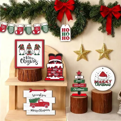 Christmas Tiered Tray Decor Set Wooden Farmhouse Signs Santa Gnome Reindeer Decorations Festive Table Ornaments For Home Party