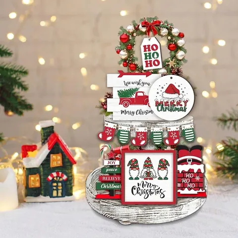 Christmas Tiered Tray Decor Set Wooden Farmhouse Signs Santa Gnome Reindeer Decorations Festive Table Ornaments For Home Party