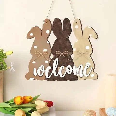 Easter Wooden Welcome Sign Rabbit Bunny Rustic Hanging Door Decoration Wall Art Front Door Porch Decor For Spring Home Party