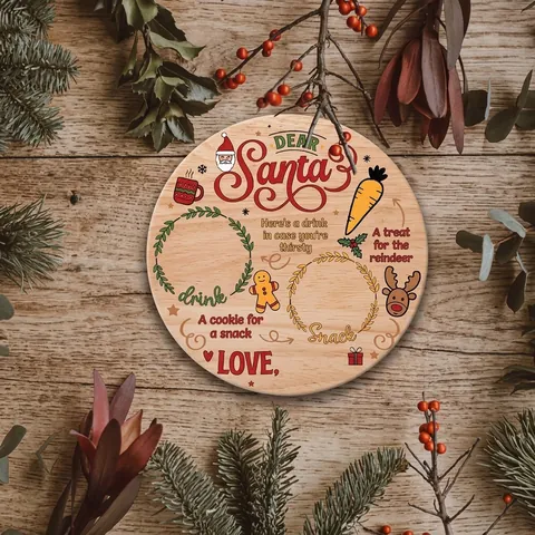 Vintage Christmas Wooden Tray For Santa Milk And Cookies Reindeer Carrot Gingerbread Man Printed Round Wood Serving Tray Holiday Party Home Decor