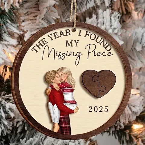 Het Jaar Dat Ik Mijn Ontbrekende Stukje Vond 2025 Houten Jubileum Hangend Ornament Ronde Puzzel Paar Cadeau Valentijnsdag