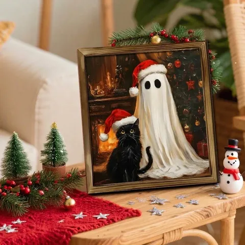Cuadro Decorativo De Navidad Con Marco De Madera Fantasma Con Gorro De Santa Gato Para Comedor De Casa Decoración De Vacaciones