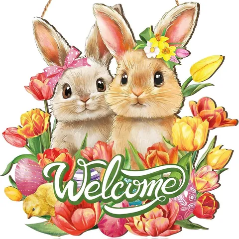 Easter Wooden Welcome Sign Rabbit Bunny Rustic Hanging Door Decoration Wall Art Front Door Porch Decor For Spring Home Party