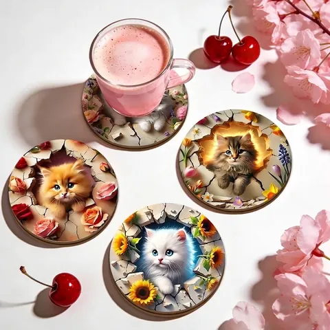 Posavasos de Madera Gato 3D Atravesando La Pared Antideslizantes Con Diseño Floral Estampado Decoración de Mesa para Hogar Oficina Regalo
